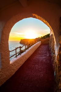 Sunset viewed from Cova d'en Xoroi at Menorca island, Spain.